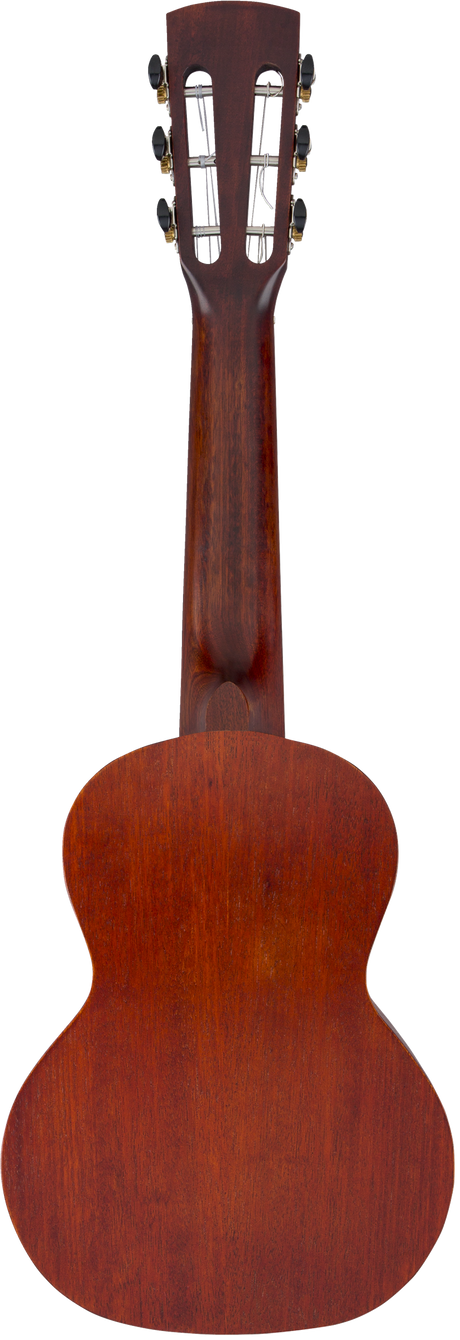 The image shows the back view of a classical guitar with a figure-8 body in reddish-brown wood, likely mahogany. It features a slotted headstock with six tuning pegs in a 3+3 arrangement, and a wooden neck matching the body finish. The flat back and visible wood grain indicate quality craftsmanship, typical of nylon-string classical guitars used for fingerstyle, flamenco, or classical playing.