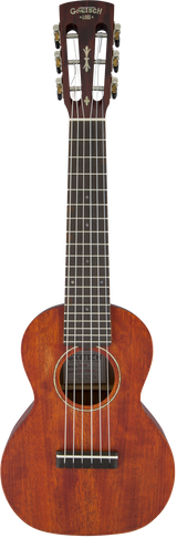 The image shows a Gretsch parlor-sized acoustic guitar from their historical collection, marked "1883" on the headstock. It features the Gretsch logo, decorative inlays, gold tuning pegs with white buttons, a warm reddish-brown wood body, a round soundhole with a rosette, a dark wood fretboard with fret markers, six steel strings, and a dark wood bridge with a bone or synthetic saddle.