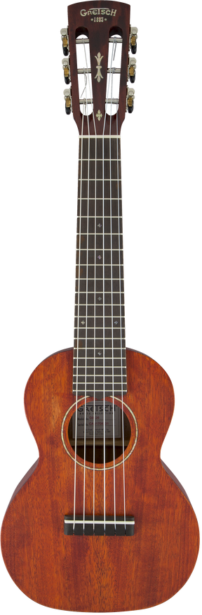 The image shows a Gretsch parlor-sized acoustic guitar from their historical collection, marked "1883" on the headstock. It features the Gretsch logo, decorative inlays, gold tuning pegs with white buttons, a warm reddish-brown wood body, a round soundhole with a rosette, a dark wood fretboard with fret markers, six steel strings, and a dark wood bridge with a bone or synthetic saddle.