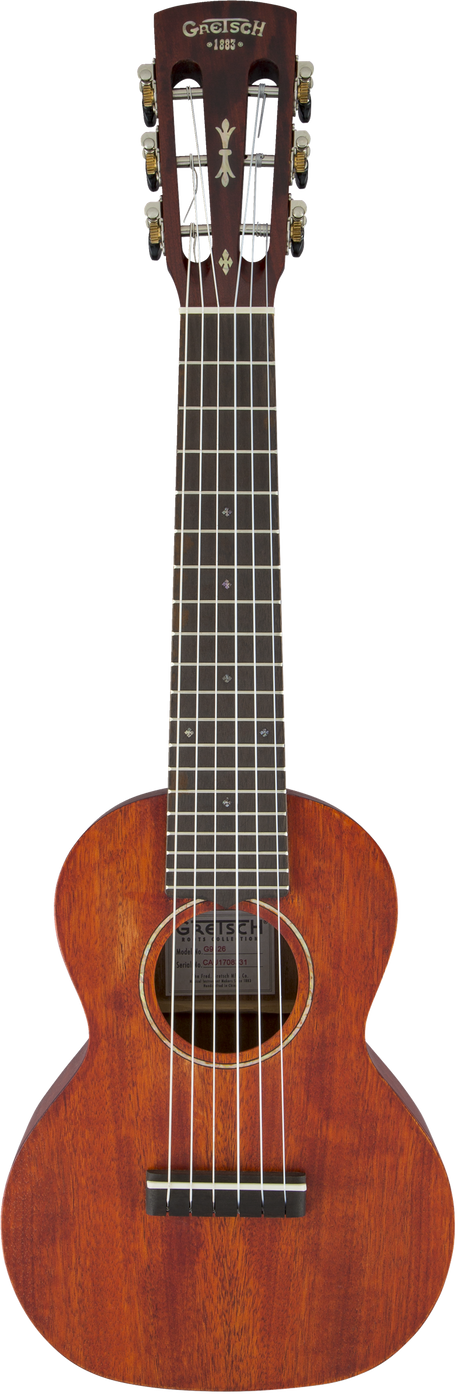 The image shows a Gretsch parlor-sized acoustic guitar from their historical collection, marked "1883" on the headstock. It features the Gretsch logo, decorative inlays, gold tuning pegs with white buttons, a warm reddish-brown wood body, a round soundhole with a rosette, a dark wood fretboard with fret markers, six steel strings, and a dark wood bridge with a bone or synthetic saddle.