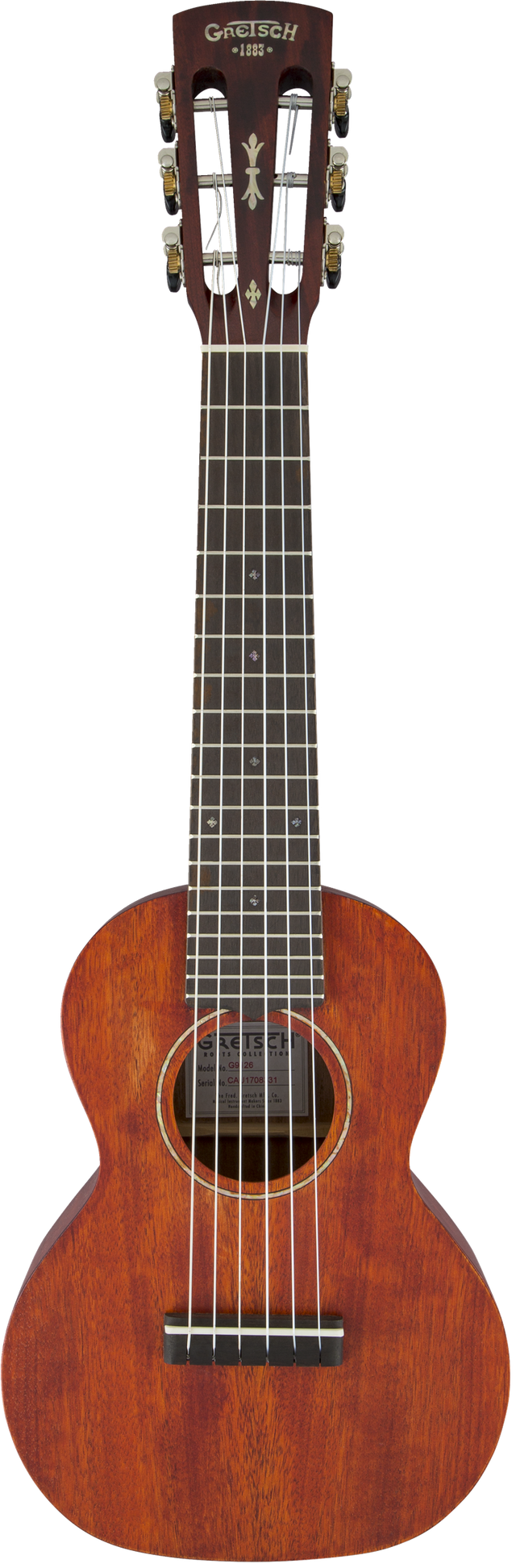 The image shows a Gretsch parlor-sized acoustic guitar from their historical collection, marked "1883" on the headstock. It features the Gretsch logo, decorative inlays, gold tuning pegs with white buttons, a warm reddish-brown wood body, a round soundhole with a rosette, a dark wood fretboard with fret markers, six steel strings, and a dark wood bridge with a bone or synthetic saddle.