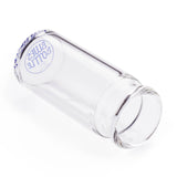 Clear glass bottle guitar slide with 'Blues Bottle' branding on a white background