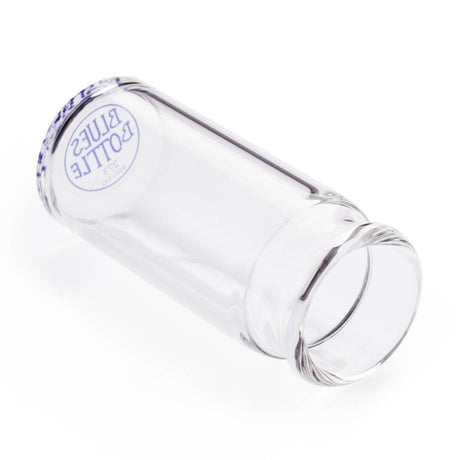 Clear glass bottle guitar slide with 'Blues Bottle' branding on a white background