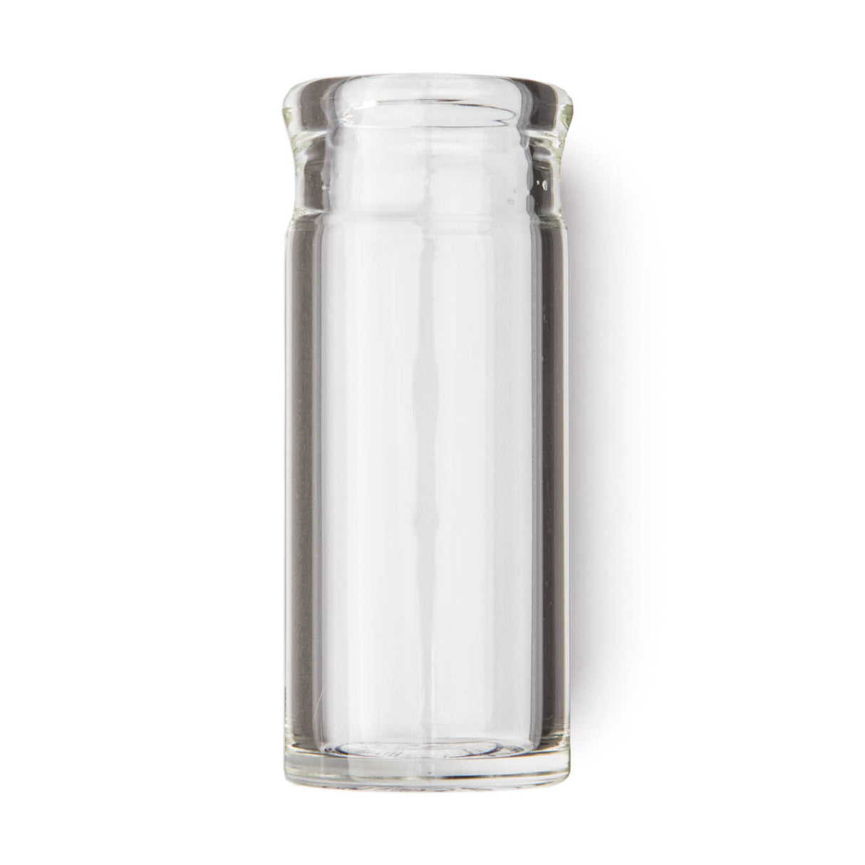 A clear glass bottle guitar slide on a white background