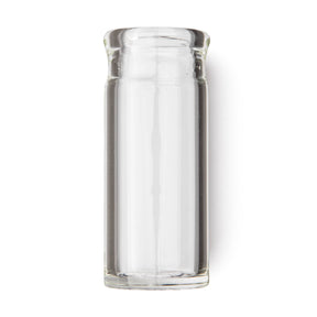 A clear glass bottle guitar slide on a white background