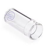 A clear glass bottle guitar slide with 'Blues Bottle' branding on the bottom on a white background