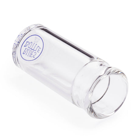 A clear glass bottle guitar slide with 'Blues Bottle' branding on the bottom on a white background