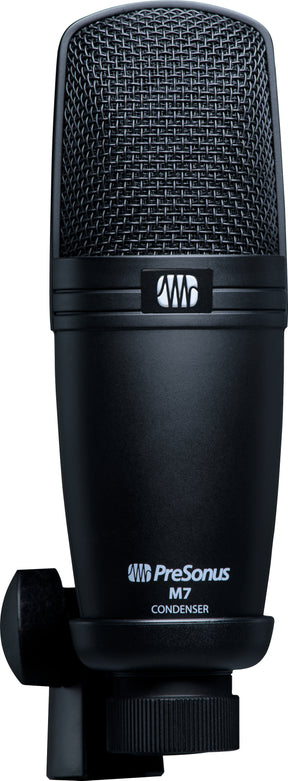 The image shows a PreSonus M7 professional condenser microphone with a large diaphragm, black matte finish, mesh grille, and clear branding. It features a studio-grade XLR connector and sturdy construction. This high-quality microphone is widely used for recording vocals, instruments, podcasting, and broadcasting due to its sensitivity and detailed audio capture.