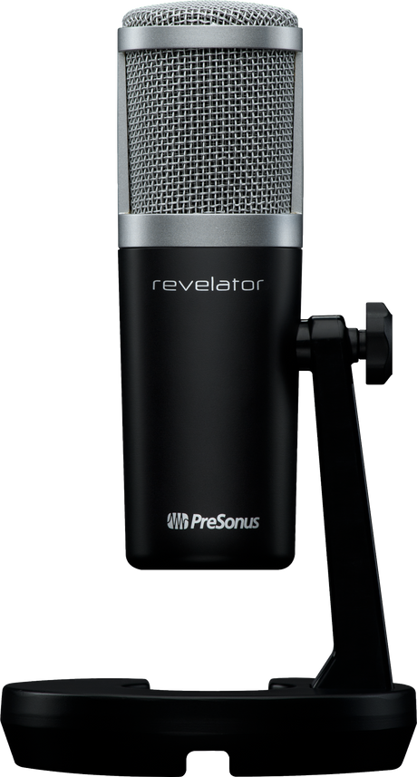 The image shows a PreSonus Revelator USB condenser microphone with a large silver mesh grille and black body featuring the "revelator" branding and PreSonus logo. It has a built-in desktop stand and professional studio-grade design, commonly used for music production, podcasting, streaming, and home studios to capture high-quality audio.