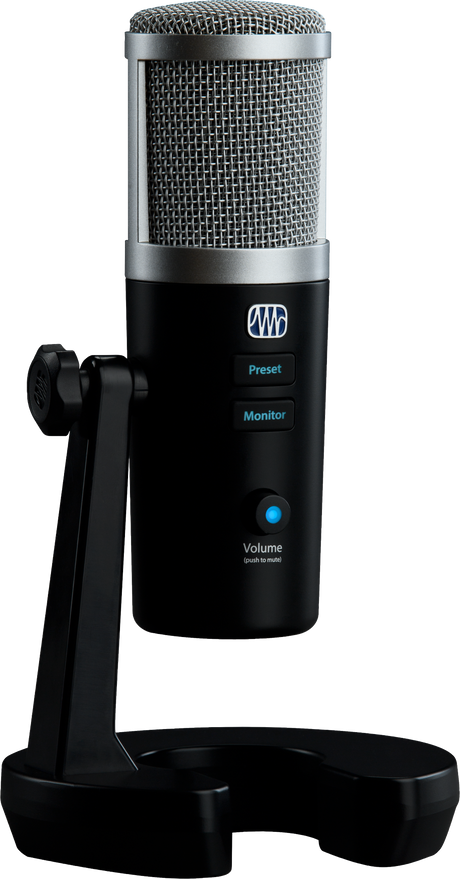 The image shows a professional USB condenser microphone with a large diaphragm and metal mesh grille. It has a black cylindrical body with silver accents, built-in desktop stand, and controls including preset and monitor buttons, a volume knob with blue LED, push-to-mute, and a headphone jack. Ideal for vocals, instruments, podcasting, and streaming, it offers high-quality, plug-and-play recording for musicians and content creators.