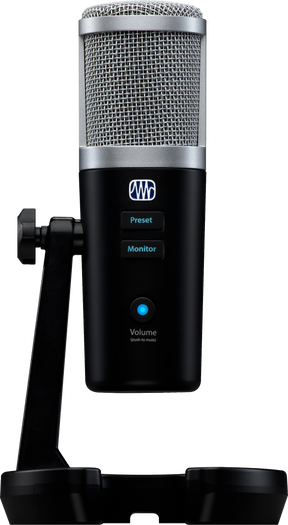 The image shows a professional USB large-diaphragm condenser microphone with a silver mesh grille and black body on a desktop stand. It features preset and monitor buttons, a volume knob with blue LED and push-to-mute function. Branded with a logo resembling "PreSonus," it’s ideal for home studio recording, podcasting, voice-over, and instrument capture, favored for its studio quality and easy plug-and-play USB connectivity.