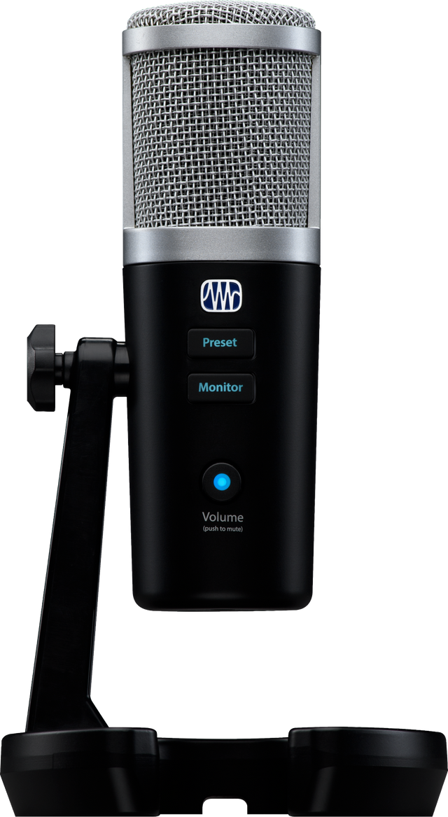The image shows a professional USB large-diaphragm condenser microphone with a silver mesh grille and black body on a desktop stand. It features preset and monitor buttons, a volume knob with blue LED and push-to-mute function. Branded with a logo resembling "PreSonus," it’s ideal for home studio recording, podcasting, voice-over, and instrument capture, favored for its studio quality and easy plug-and-play USB connectivity.