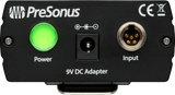 The image shows a compact PreSonus audio interface featuring a green power LED, 9V DC power input, and a 5-pin XLR audio input with phantom power capability. Designed for professional audio use, it connects microphones and equipment to computers or recording systems. This device is ideal for musicians, audio engineers, and content creators working in studios, podcasting, and live sound.