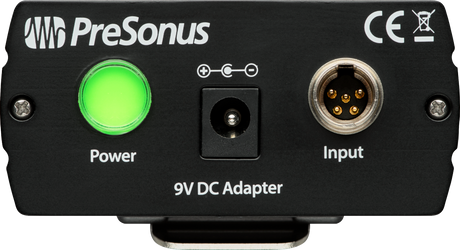 The image shows a compact PreSonus audio interface featuring a green power LED, 9V DC power input, and a 5-pin XLR audio input with phantom power capability. Designed for professional audio use, it connects microphones and equipment to computers or recording systems. This device is ideal for musicians, audio engineers, and content creators working in studios, podcasting, and live sound.