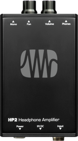 The image shows a PreSonus HP2 Headphone Amplifier with the "PS" logo. It features top panel controls for Mono, Pan, Volume, and Phones, plus two headphone outputs. The bottom panel includes a 9V DC power input and an audio input jack. Housed in a compact black metal case, this professional-grade device boosts headphone signals for musicians and audio engineers.