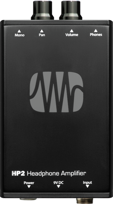 The image shows a PreSonus HP2 Headphone Amplifier with the "PS" logo. It features top panel controls for Mono, Pan, Volume, and Phones, plus two headphone outputs. The bottom panel includes a 9V DC power input and an audio input jack. Housed in a compact black metal case, this professional-grade device boosts headphone signals for musicians and audio engineers.