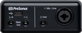 The image shows a PreSonus audio interface with USB-C connectivity, featuring multiple inputs and outputs: XLR for microphones, a combo input for instruments, and TRS main outputs. It serves as a key tool for musicians and producers to record, convert analog signals to digital, and monitor audio, making it ideal for professional and home studio use.
