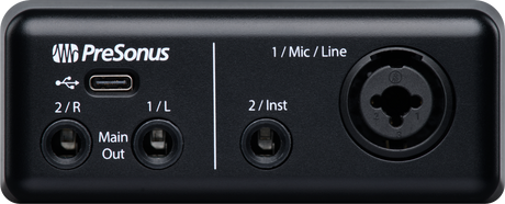 The image shows a PreSonus audio interface with USB-C connectivity, featuring multiple inputs and outputs: XLR for microphones, a combo input for instruments, and TRS main outputs. It serves as a key tool for musicians and producers to record, convert analog signals to digital, and monitor audio, making it ideal for professional and home studio use.