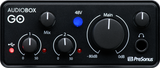 The image shows a PreSonus AudioBox GO, a compact USB audio interface with two input channels for microphones or instruments, 48V phantom power, main output level control, headphone jack, USB connectivity, and direct monitoring. It’s popular among musicians and podcasters for connecting analog gear to computers, offering portable professional audio quality for recording and content creation.