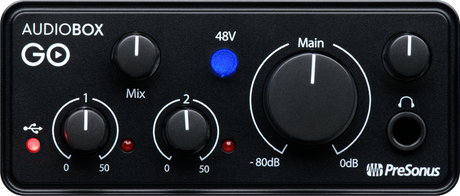 The image shows a PreSonus AudioBox GO, a compact USB audio interface with two input channels for microphones or instruments, 48V phantom power, main output level control, headphone jack, USB connectivity, and direct monitoring. It’s popular among musicians and podcasters for connecting analog gear to computers, offering portable professional audio quality for recording and content creation.