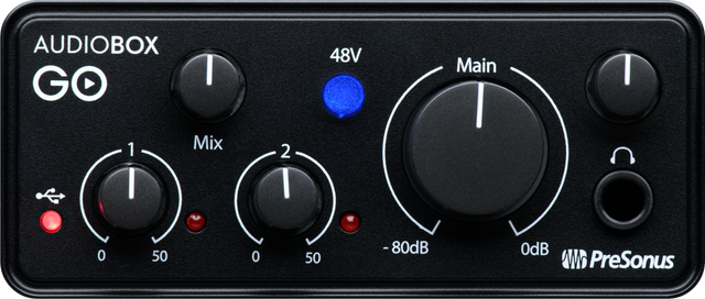 The image shows a PreSonus AudioBox GO, a compact USB audio interface with two input channels for microphones or instruments, 48V phantom power, main output level control, headphone jack, USB connectivity, and direct monitoring. It’s popular among musicians and podcasters for connecting analog gear to computers, offering portable professional audio quality for recording and content creation.