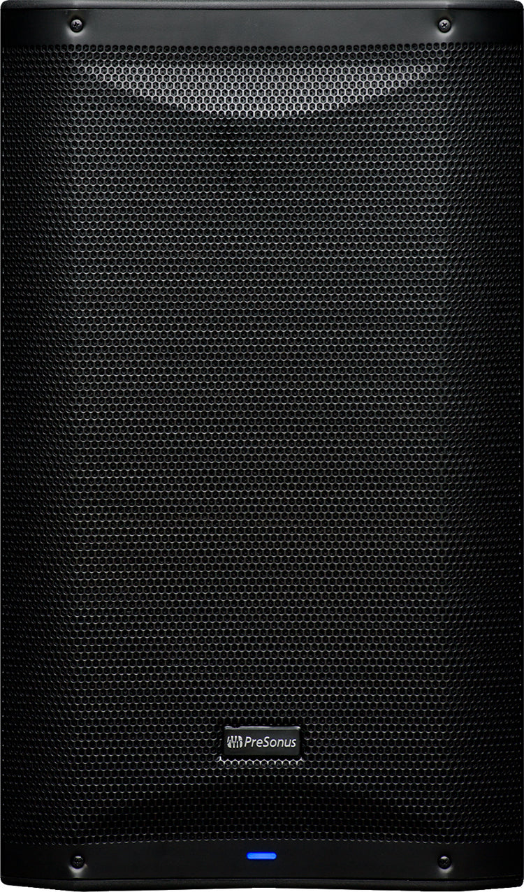 The image shows a black PreSonus powered studio monitor with a rectangular cabinet and a metal grille featuring a honeycomb pattern. It has the PreSonus logo centered, a small blue LED indicator at the bottom, and visible corner mounting screws. This professional active speaker is used for audio monitoring in studios, live sound, and PA systems, commonly utilized by musicians and audio engineers.