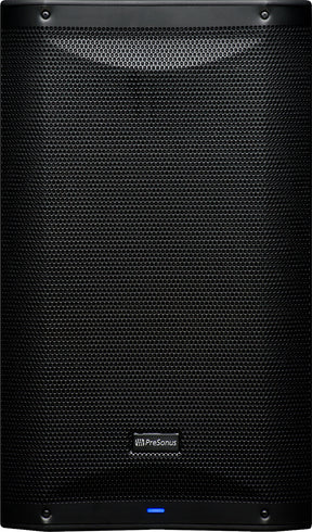 The image shows a black PreSonus powered studio monitor with a rectangular cabinet and a metal grille featuring a honeycomb pattern. It has the PreSonus logo centered, a small blue LED indicator at the bottom, and visible corner mounting screws. This professional active speaker is used for audio monitoring in studios, live sound, and PA systems, commonly utilized by musicians and audio engineers.