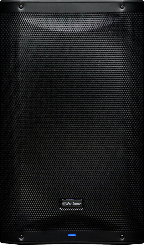 The image shows a black PreSonus powered studio monitor with a rectangular cabinet and a metal grille featuring a honeycomb pattern. It has the PreSonus logo centered, a small blue LED indicator at the bottom, and visible corner mounting screws. This professional active speaker is used for audio monitoring in studios, live sound, and PA systems, commonly utilized by musicians and audio engineers.