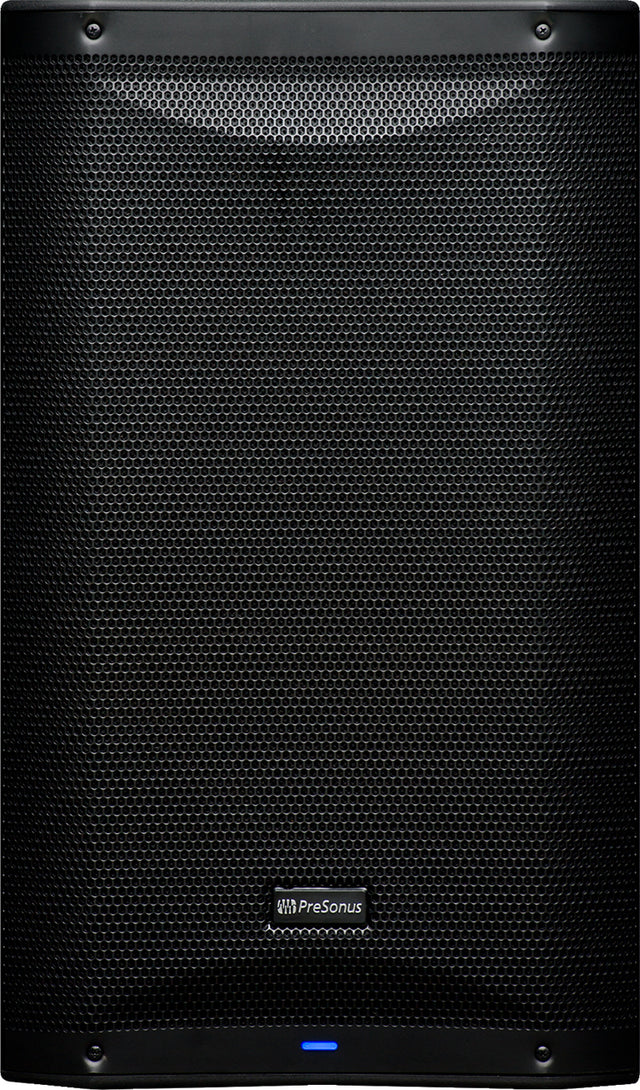 The image shows a black PreSonus powered studio monitor with a rectangular cabinet and a metal grille featuring a honeycomb pattern. It has the PreSonus logo centered, a small blue LED indicator at the bottom, and visible corner mounting screws. This professional active speaker is used for audio monitoring in studios, live sound, and PA systems, commonly utilized by musicians and audio engineers.