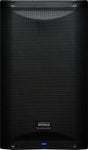 The image shows a black PreSonus powered studio monitor with a rectangular cabinet and a metal grille featuring a honeycomb pattern. It has the PreSonus logo centered, a small blue LED indicator at the bottom, and visible corner mounting screws. This professional active speaker is used for audio monitoring in studios, live sound, and PA systems, commonly utilized by musicians and audio engineers.