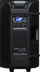 The image shows the back panel of a PreSonus AIR12 powered PA speaker featuring a digital display with level and waveform meters, input controls with dual MIC/LINE level knobs, master volume, XLR/TRS combo inputs, XLR mix output, aux input, power connection with on/off switch, built-in amplifier, carrying handle, and corner guards. This 12-inch active speaker is suited for live sound, DJing, and presentations.