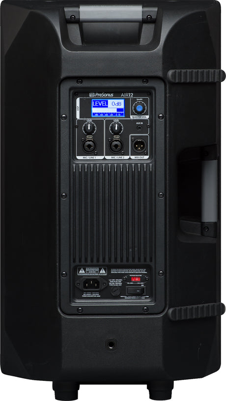 The image shows the back panel of a PreSonus AIR12 powered PA speaker featuring a digital display with level and waveform meters, input controls with dual MIC/LINE level knobs, master volume, XLR/TRS combo inputs, XLR mix output, aux input, power connection with on/off switch, built-in amplifier, carrying handle, and corner guards. This 12-inch active speaker is suited for live sound, DJing, and presentations.