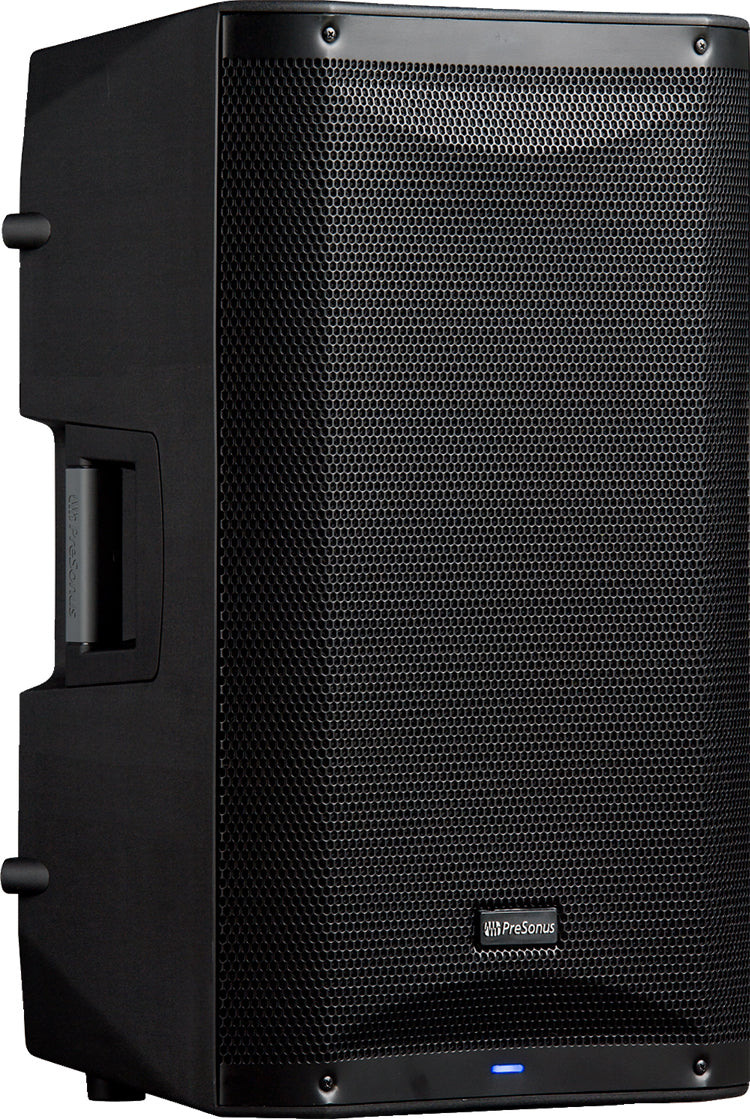 The image shows a powered PA speaker by PreSonus with a black plastic enclosure, metal grille, built-in handle, and blue LED power indicator. Designed for professional use, it is suited for live performances, DJ events, rehearsals, studio monitoring, and sound reinforcement. This durable, portable active loudspeaker delivers clear, powerful audio and is widely used by musicians and sound engineers.
