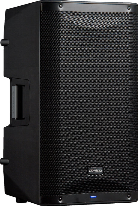 The image shows a powered PA speaker by PreSonus with a black plastic enclosure, metal grille, built-in handle, and blue LED power indicator. Designed for professional use, it is suited for live performances, DJ events, rehearsals, studio monitoring, and sound reinforcement. This durable, portable active loudspeaker delivers clear, powerful audio and is widely used by musicians and sound engineers.