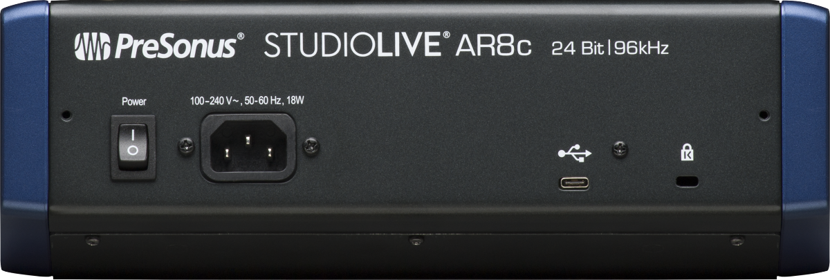 The image shows the back panel of a PreSonus StudioLive AR8c digital audio mixer/interface. Visible features include the AR8c branding, 24-bit/96kHz audio specs, a 100-240V power input, a USB-C port for computer connection, and an additional accessory port. This professional mixer combines analog mixing with digital interface capabilities, ideal for studios, podcasting, and live sound applications.