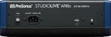 The image shows the back panel of a PreSonus StudioLive AR8c digital audio mixer/interface. Visible features include the AR8c branding, 24-bit/96kHz audio specs, a 100-240V power input, a USB-C port for computer connection, and an additional accessory port. This professional mixer combines analog mixing with digital interface capabilities, ideal for studios, podcasting, and live sound applications.
