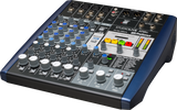 The image shows a PreSonus StudioLive AR8c digital audio mixer with 8 input channels featuring volume faders, gain, and EQ controls. It includes XLR/TRS combo inputs, multiple output jacks, USB connectivity, and colorful transport buttons. The mixer offers built-in digital effects, 24-bit/96kHz recording, real-time metering, and "Capture" recording, ideal for musicians, podcasters, and small studios.