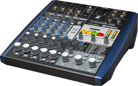 The image shows a PreSonus StudioLive AR8c digital audio mixer with 8 input channels featuring volume faders, gain, and EQ controls. It includes XLR/TRS combo inputs, multiple output jacks, USB connectivity, and colorful transport buttons. The mixer offers built-in digital effects, 24-bit/96kHz recording, real-time metering, and "Capture" recording, ideal for musicians, podcasters, and small studios.
