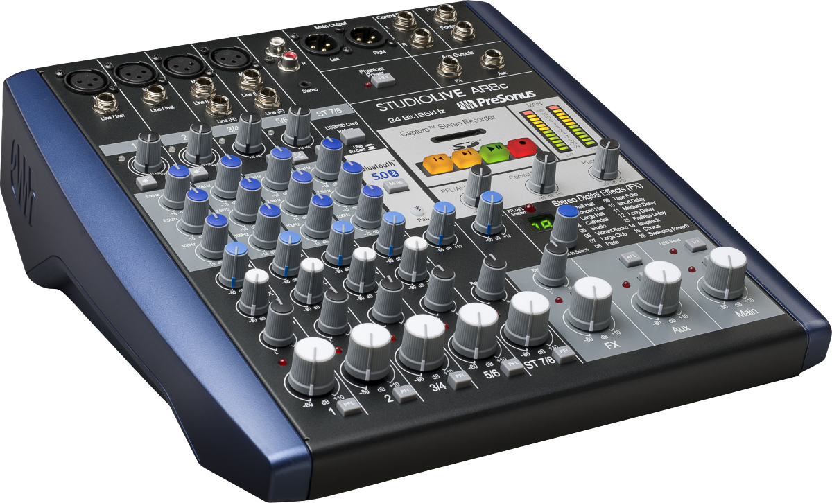 The image shows a PreSonus StudioLive AR8c, a compact 8-channel analog mixer with XLR/TRS inputs, multiple outputs, and channel faders. It features gain and EQ controls, blue-ringed knobs, built-in digital effects, USB and SD card connectivity, and a digital display. Designed for studio or live use, it has a sturdy, angled desktop form factor in black and blue, ideal for musicians, podcasters, and small studios.