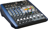 The image shows a PreSonus StudioLive AR8c, a compact 8-channel analog mixer with XLR/TRS inputs, multiple outputs, and channel faders. It features gain and EQ controls, blue-ringed knobs, built-in digital effects, USB and SD card connectivity, and a digital display. Designed for studio or live use, it has a sturdy, angled desktop form factor in black and blue, ideal for musicians, podcasters, and small studios.