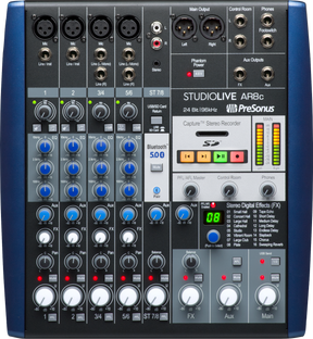 The image shows a PreSonus StudioLive AR8c, a compact 8-channel audio mixer and digital recorder. It features 4 XLR inputs with phantom power, line/instrument inputs, 3-band EQ, individual faders, built-in SD card recorder, USB and Bluetooth connectivity, digital effects, multiple outputs including main, control room, and headphones, plus main level metering and transport controls, ideal for live sound, recording, and streaming.