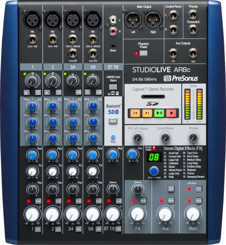 The image shows a PreSonus StudioLive AR8c, a compact 8-channel audio mixer and digital recorder. It features 4 XLR inputs with phantom power, line/instrument inputs, 3-band EQ, individual faders, built-in SD card recorder, USB and Bluetooth connectivity, digital effects, multiple outputs including main, control room, and headphones, plus main level metering and transport controls, ideal for live sound, recording, and streaming.