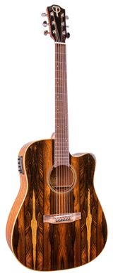 The image shows a beautiful acoustic-electric guitar with a cutaway design for easy upper fret access. It features rich, dark exotic wood with striped grain patterns and lighter accent strips. The guitar has chrome tuning pegs, electronic controls on the side, and decorative inlays around the sound hole. Marked by a "T" logo on the headstock, it reflects premium craftsmanship and high-quality materials.