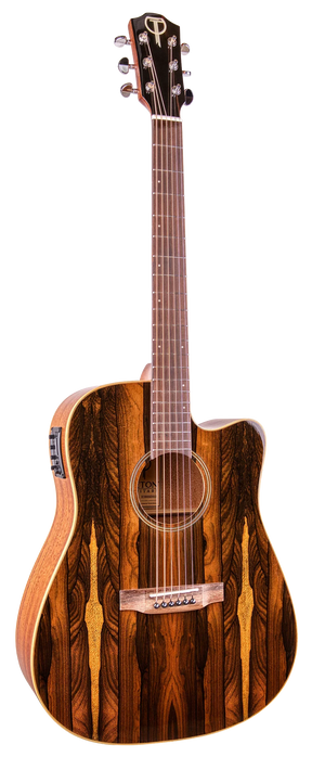 The image shows a beautiful acoustic-electric guitar with a cutaway design for easy upper fret access. It features rich, dark exotic wood with striped grain patterns and lighter accent strips. The guitar has chrome tuning pegs, electronic controls on the side, and decorative inlays around the sound hole. Marked by a "T" logo on the headstock, it reflects premium craftsmanship and high-quality materials.
