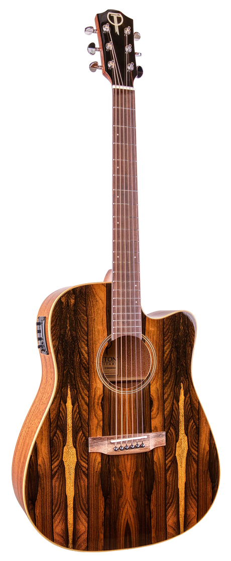 The image shows a beautiful acoustic-electric guitar with a cutaway design for easy upper fret access. It features rich, dark exotic wood with striped grain patterns and lighter accent strips. The guitar has chrome tuning pegs, electronic controls on the side, and decorative inlays around the sound hole. Marked by a "T" logo on the headstock, it reflects premium craftsmanship and high-quality materials.