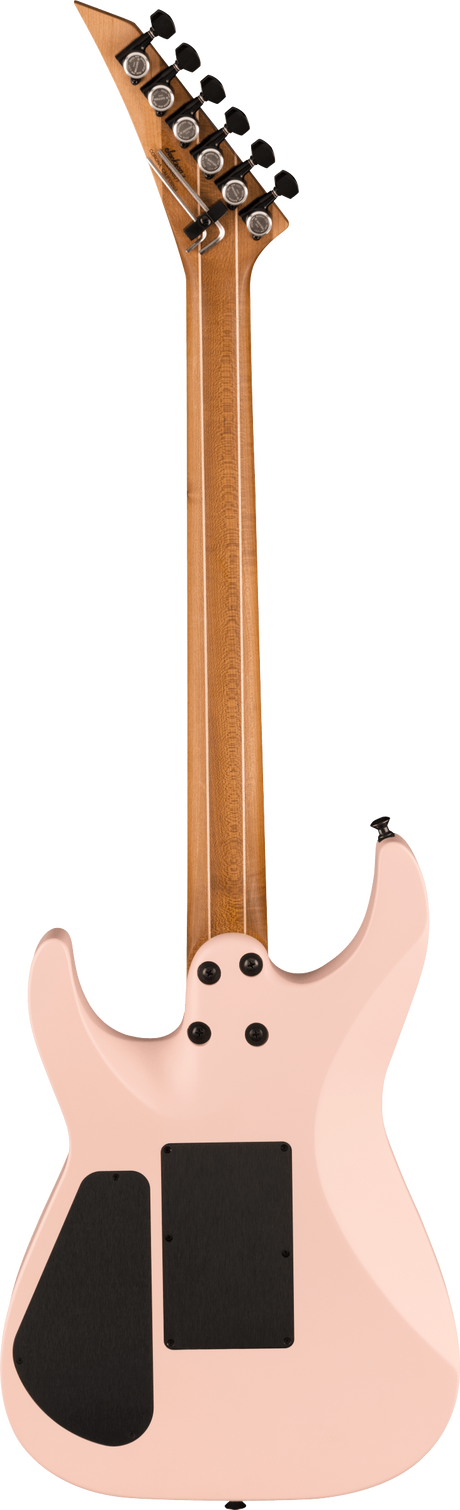 The image shows a modern solid-body electric guitar with a pale pink finish. It has a 6-in-line headstock with black tuning pegs, a natural wood neck, and black pickup covers. The guitar features a bolt-on neck, a strap button on the upper bout, and professional-grade hardware, designed for rock or metal styles.