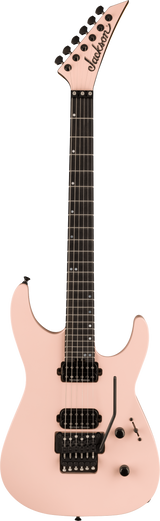 The image shows a Jackson electric guitar with a modern, angular body and pointed headstock in light pink/salmon. It features black tuning pegs, two black humbucker pickups, a black tremolo bridge, and a dark wood fretboard with white dot markers. The body has at least two control knobs, and the guitar has six strings. This distinctive design is popular among rock and metal players.