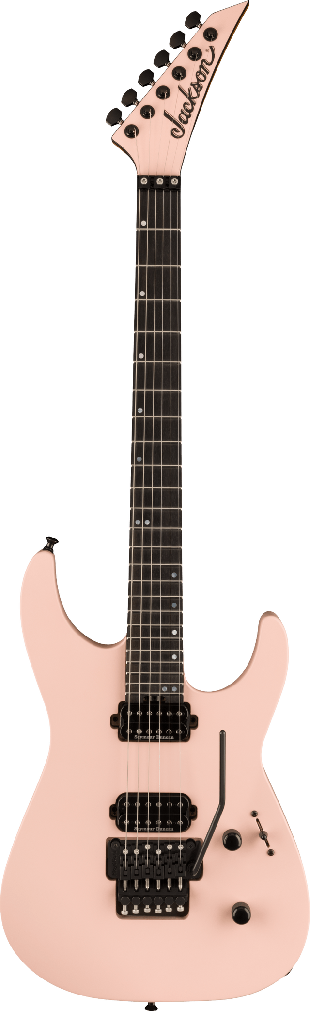 The image shows a Jackson electric guitar with a modern, angular body and pointed headstock in light pink/salmon. It features black tuning pegs, two black humbucker pickups, a black tremolo bridge, and a dark wood fretboard with white dot markers. The body has at least two control knobs, and the guitar has six strings. This distinctive design is popular among rock and metal players.