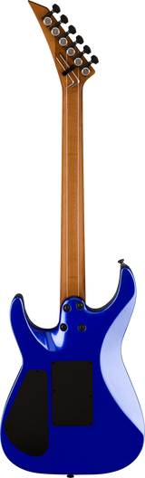 The image shows a modern solid-body electric guitar with a bright blue contoured body, natural maple neck, and an angular, pointed headstock. It features two black humbucker pickups, black hardware, and six black tuning pegs in a 3+3 layout. Designed for rock or metal genres, the guitar has a bolt-on neck and a sleek, aggressive style, photographed against a white background.