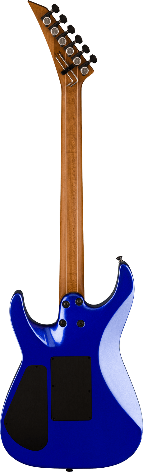 The image shows a modern solid-body electric guitar with a bright blue contoured body, natural maple neck, and an angular, pointed headstock. It features two black humbucker pickups, black hardware, and six black tuning pegs in a 3+3 layout. Designed for rock or metal genres, the guitar has a bolt-on neck and a sleek, aggressive style, photographed against a white background.